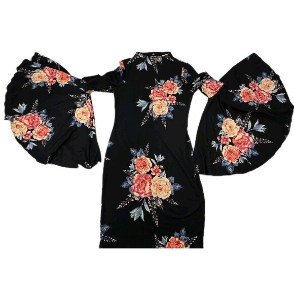 Floral Bodycon Dress With Bell Sleeves High Neck -Whimsigoth, Fairycore - Picture 1 of 8
